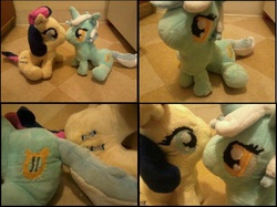 Size: 651x488 | Tagged: safe, artist:crashnebulissa, bon bon, lyra heartstrings, sweetie drops, g4, boop, female, irl, kissing, lesbian, noseboop, photo, plushie, ship:lyrabon, shipping