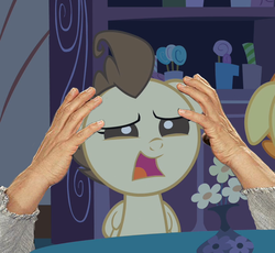 Size: 783x720 | Tagged: safe, edit, edited screencap, screencap, pound cake, baby cakes, g4, my little pony: friendship is magic, bust, cropped, folded wings, hand on head, reaction image, wings