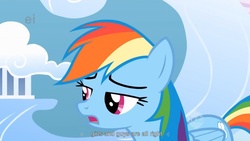 Size: 1344x756 | Tagged: safe, screencap, rainbow dash, pegasus, pony, g4, sonic rainboom (episode), ei, female, hub logo, implied bisexual, mare, youtube caption