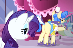 Size: 960x640 | Tagged: safe, screencap, rarity, sapphire shores, earth pony, pony, unicorn, a dog and pony show, g4, bedroom eyes, blank flank, butt, clothes, eyes on the prize, female, lidded eyes, looking at butt, mare, out of context, plot
