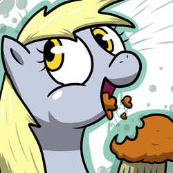 Size: 768x768 | Tagged: safe, artist:pokehidden, derpy hooves, pegasus, pony, g4, eating, female, mare, muffin, puffy cheeks