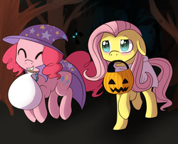 Size: 1280x1034 | Tagged: safe, artist:darkaiya, fluttershy, pinkie pie, trixie, earth pony, pegasus, pony, ask snuggle pie, ask sombershy, g4, blushing, cape, clothes, costume, cute, duo, eyes closed, female, floppy ears, halloween, hat, holiday, mare, mouth hold, nightmare night, pumpkin bucket, trixie's cape, trixie's hat