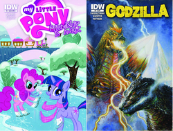 Size: 1808x1368 | Tagged: safe, idw, pinkie pie, twilight sparkle, kaiju, pony, g4, bob eggleton, cover, godzilla, godzilla (series), godzilla ongoing, idw advertisement, spacegodzilla, train