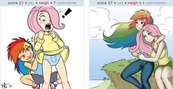 Size: 519x266 | Tagged: safe, artist:megasweet, fluttershy, rainbow dash, human, derpibooru, g4, assisted exposure, blue underwear, bunny print underwear, clothes, embarrassed, embarrassed underwear exposure, exploitable meme, face print underwear, female, flattershy, humanized, juxtaposition, juxtaposition win, lesbian, meta, panties, prank, ship:flutterdash, shipping, silly panties, skirt, skirt lift, underwear, upskirt, young, younger