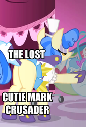 Size: 432x640 | Tagged: safe, edit, edited screencap, screencap, sapphire shores, earth pony, pony, a dog and pony show, g4, animation error, butt, caption, cropped, female, image macro, plot, pointing, solo