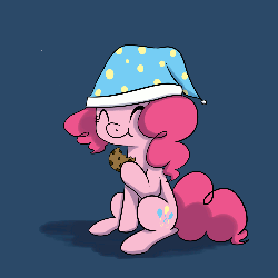 Size: 1000x1000 | Tagged: safe, artist:maplesunrise, pinkie pie, earth pony, pony, ask snuggle pie, g4, animated, blue background, cookie, cute, dark background, diapinkes, eating, eyes closed, female, food, hat, nightcap, simple background, sitting, solo
