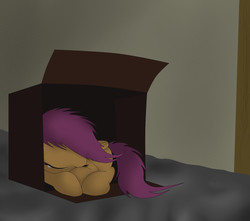 Size: 900x794 | Tagged: safe, artist:idsmehlite, scootaloo, pony, g4, box, crying, female, homeless, no longer true, orphan, sad, scootalone, scootasad, solo