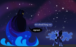 Size: 1600x1000 | Tagged: safe, artist:anarchemitis, nightmare moon, alicorn, pony, g4, crossover, cucumber quest, duo, ethereal mane, female, hoof shoes, mare, nightmare knight, similarities, space, speech bubble, starry background, starry mane, xk-class end-of-the-world scenario