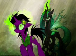 Size: 1000x749 | Tagged: safe, artist:foxinshadow, queen chrysalis, oc, oc:jimmy chap, changeling, changeling queen, g4, duo, female, mind control