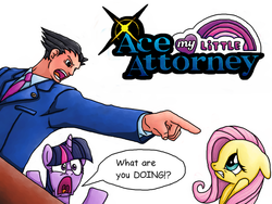 Size: 900x675 | Tagged: safe, artist:rambopvp, fluttershy, twilight sparkle, human, turnabout storm, g4, ace attorney, crossover, phoenix wright