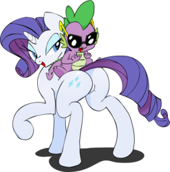 Size: 1838x1859 | Tagged: safe, artist:zev, rarity, spike, dragon, pony, unicorn, g4, bedroom eyes, butt, colored, dragons riding ponies, female, gangnam style, mare, plot, riding, ship:sparity, simple background, spike riding rarity, sunglasses, transparent background