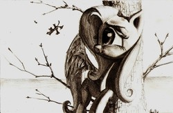 Size: 1694x1112 | Tagged: safe, artist:lordgood, fluttershy, pony, g4, autumn, female, grayscale, solo
