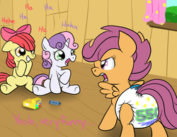 Size: 900x700 | Tagged: safe, artist:fillyscoots42, apple bloom, scootaloo, sweetie belle, earth pony, pegasus, pony, unicorn, g4, ask, crinkleloo, cutie mark crusaders, diaper, diaper fetish, female, filly, floppy ears, foal, frown, glare, grin, incontinent, non-baby in diaper, open mouth, poofy diaper, raised hoof, sitting, smiling, tumblr, underhoof