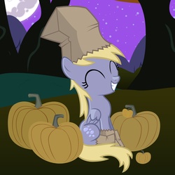 Size: 2000x1994 | Tagged: safe, artist:anevilzebra, derpy hooves, g4, female, filly, filly derpy, filly derpy hooves, nightmare night, paper bag, paper bag wizard, pumpkin, younger