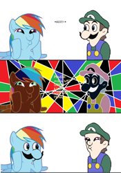 Size: 680x970 | Tagged: safe, rainbow dash, g4, comic, dashface, face swap, role reversal, wat, weegee