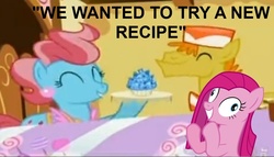 Size: 1039x593 | Tagged: dead source, safe, edit, edited screencap, screencap, carrot cake, cup cake, pinkie pie, sapphire shores, earth pony, pony, fanfic:cupcakes, g4, caption, cupcake, female, implied murder, mare, pinkamena diane pie, text