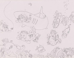 Size: 1500x1178 | Tagged: safe, artist:santanon, fish, fluffy pony, jellyfish, octopus, sea pony, shark, algae, bubble, coral, fins, fluffy pony original art, gills, ocean, scales, sea fluffies, seashell, seaweed, smiling, swimming, underwater, water