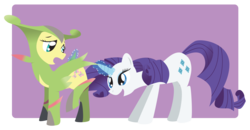 Size: 3300x1713 | Tagged: safe, artist:inspectornills, fluttershy, rarity, pony, unicorn, virizion, g4, costume, female, imminent lesbianism, imminent shipping, implied lesbian, implied shipping, magic, mare, nightmare night, no tail, pokémon