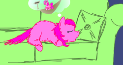 Size: 500x264 | Tagged: safe, artist:fluffsplosion, pinkie pie, fluffy pony, g4, dirt road, dream, fluffy pony original art, hasbio, hasbro, headcanon, headcanon in the description, path, pinkiefluff, ponyville, road, road sign, sign, sleeping