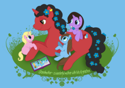 Size: 1500x1062 | Tagged: safe, artist:sailboatsandpirates, oc, oc only, pony, unicorn, book, cute, family, flower, flower in hair, flower in mouth, foal, grin, hug, leaning, mouth hold, prone, smiling