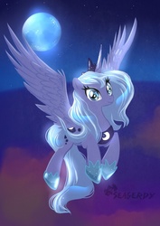 Size: 480x679 | Tagged: safe, artist:seagerdy, princess luna, pony, g4, female, flying, moon, solo