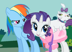 Size: 389x280 | Tagged: safe, edit, screencap, opalescence, rainbow dash, rarity, g4, blushing, clothes, female, robe