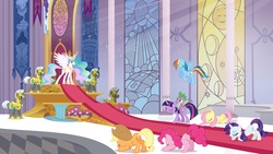 Size: 3600x2025 | Tagged: safe, applejack, fluttershy, pinkie pie, princess celestia, rainbow dash, rarity, spike, twilight sparkle, alicorn, dragon, earth pony, pegasus, pony, unicorn, g4, official, bowing, butt, canterlot, canterlot throne room, castle, dragons riding ponies, element of generosity, element of kindness, elements of harmony, ethereal mane, female, male, mane seven, mare, plot, promotional art, riding, royal guard, spike riding twilight, stallion, throne, throne room, unicorn royal guard, unicorn twilight