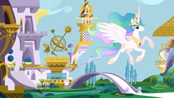 Size: 3600x2025 | Tagged: safe, princess celestia, alicorn, pony, g4, official, canterlot, castle, female, flying, jewelry, mare, regalia, royal guard