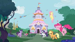 Size: 2400x1350 | Tagged: safe, applejack, fluttershy, pinkie pie, rainbow dash, rarity, spike, twilight sparkle, bird, butterfly, dragon, earth pony, pony, songbird, unicorn, g4, official, carousel boutique, female, flying, heart, heart eyes, male, mane seven, mare, ponyville, pronking, unicorn twilight, wingding eyes