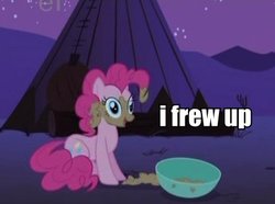 Size: 417x311 | Tagged: safe, edit, edited screencap, screencap, pinkie pie, earth pony, pony, g4, my little pony: friendship is magic, over a barrel, bowl, caption, derp, dialogue, female, i frew up, image macro, mare, meme, open mouth, outdoors, smiling, solo, tipi, vomit