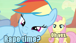 Size: 1000x563 | Tagged: safe, fluttershy, pinkie pie, rainbow dash, g4, caption, image macro, rape time