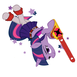 Size: 2000x2000 | Tagged: safe, artist:bouxn, twilight sparkle, pony, unicorn, g4, bedroom eyes, chainsaw, clothes, female, lollipop chainsaw, mare, parody, simple background, skirt, stockings, transparent background, unicorn twilight, upside down, voice actor joke