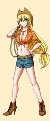 Size: 400x967 | Tagged: dead source, safe, artist:apzzang, applejack, human, g4, belly button, cleavage, clothes, daisy dukes, female, front knot midriff, high heels, humanized, midriff, rope, shoes, solo
