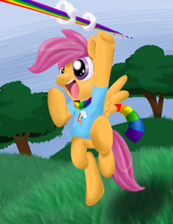 Size: 1275x1650 | Tagged: safe, artist:zanezandell, scootaloo, pegasus, pony, g4, :d, cheering, clothes, grass, open mouth, open smile, rainbow tail, scarf, shirt, smiling, solo, striped scarf, tail, tree