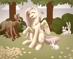 Size: 2000x1610 | Tagged: safe, artist:chickenwhite, fluttershy, bird, deer, pegasus, pony, rabbit, g4