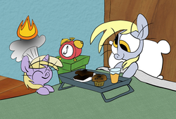 Size: 1329x900 | Tagged: safe, artist:joeywaggoner, derpy hooves, dinky hooves, pegasus, pony, g4, bed, chef's hat, equestria's best daughter, female, fire, hat, mare, muffin, orange juice, toast