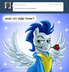 Size: 963x1007 | Tagged: safe, artist:pluckyninja, soarin', pegasus, pony, tumblr:sexy spitfire, g4, ask, female, flower, flower in mouth, male, rose, rose in mouth, ship:soarinfire, shipping, solo, stallion, straight, stupid sexy soarin', tumblr