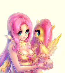 Size: 1071x1200 | Tagged: safe, artist:e-x-p-i-e, fluttershy, human, pony, rabbit, g4, breasts, busty fluttershy, cleavage, cute, female, human ponidox, humanized, shyabetes