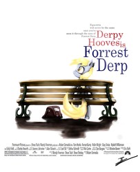 Size: 4910x6053 | Tagged: safe, artist:europamaxima, derpy hooves, pony, g4, absurd resolution, bag, bench, crossover, female, forrest gump, movie poster, parody, sitting, solo, text