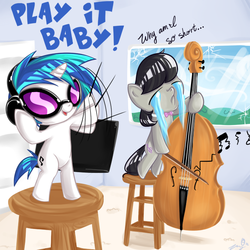 Size: 700x700 | Tagged: safe, artist:omgproductions, dj pon-3, octavia melody, vinyl scratch, g4, cello, crying, cute, female, filly, filly octavia, filly vinyl scratch, musical instrument, younger