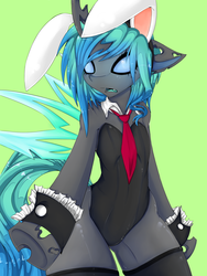 Size: 1200x1600 | Tagged: dead source, safe, artist:rainbowscreen, oc, oc only, oc:jewel, changeling, changeling queen, semi-anthro, arm hooves, bunny ears, bunny suit, changeling oc, changeling queen oc, clothes, cufflinks, cuffs (clothes), female, green background, leotard, lime background, necktie, playboy bunny, simple background, solo