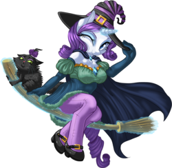 Size: 1146x1117 | Tagged: safe, artist:kittehkatbar, opalescence, rarity, anthro, unguligrade anthro, g4, broom, cap, cape, clothes, costume, dress, flying, flying broomstick, hat, hooves, levitation, magic, mary janes, shoes, simple background, sitting, smiling, stockings, telekinesis, transparent background, wink, witch, witch hat