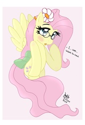 Size: 820x1200 | Tagged: safe, artist:joakaha, fluttershy, g4, adorkable, bow, cute, dork, flower, glasses