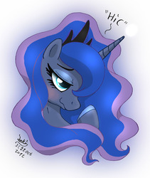 Size: 930x1100 | Tagged: safe, artist:joakaha, princess luna, pony, g4, blushing, bust, drunk, female, hiccup, mare, onomatopoeia, solo