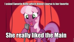 Size: 960x540 | Tagged: safe, cheerilee, sweetie belle, g4, cheerilee pun, dinner, exploitable meme, i really like her mane, meme, pun