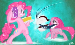 Size: 1500x900 | Tagged: safe, artist:coin-trip39, pinkie pie, g4, cake, duality, fight, food, knife, pinkamena diane pie, weapon