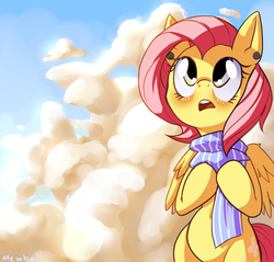 Size: 1200x1147 | Tagged: safe, artist:mewball, fluttershy, pegasus, pony, g4, bipedal, clothes, cloud, female, looking up, open mouth, piercing, scarf, solo, spread wings, wingding eyes, wings
