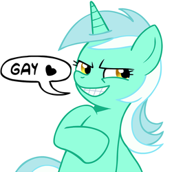 Size: 600x600 | Tagged: safe, edit, lyra heartstrings, pony, unicorn, g4, dialogue, evil grin, ew gay, female, grin, mare, reaction image, simple background, smiling, smirk, subverted meme, white background