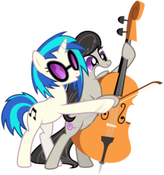 Size: 4880x5200 | Tagged: safe, artist:yanoda, dj pon-3, octavia melody, vinyl scratch, earth pony, pony, unicorn, g4, absurd resolution, bipedal, cello, cutie mark, female, hooves, horn, mare, musical instrument, simple background, sunglasses, teeth, transparent background, vector