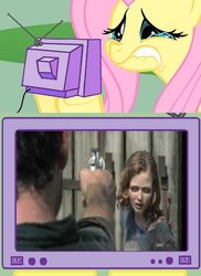 Size: 561x771 | Tagged: safe, fluttershy, pony, g4, exploitable meme, fluttercry, gun, meme, revolver, rick grimes, spoilers for another series, the walking dead, tv meme